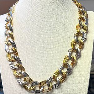 Vintage Two-Tone Chunky Curb Link Choker Necklace 18" Gold Silver Statement